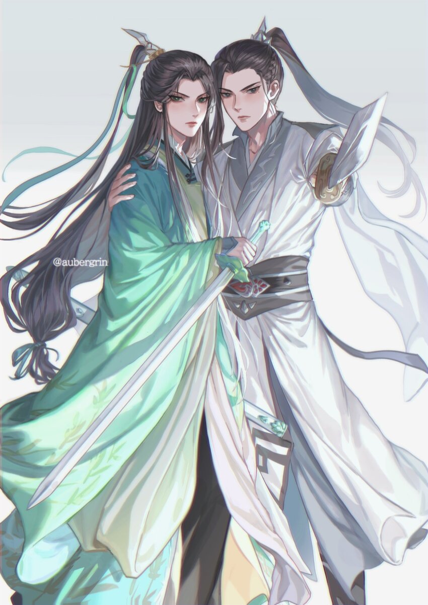 2boys androgynous aubergrin black_hair braid chinese_clothes closed_mouth commentary curtained_hair english_commentary feet_out_of_frame gradient_background green_eyes green_hanfu green_ribbon grey_background grey_eyes hair_over_shoulder hair_pulled_back hair_ribbon hand_on_another&#039;s_shoulder hanfu high_ponytail highres holding holding_sword holding_weapon jian_(weapon) light_frown liu_qingge long_hair male_focus mole mole_under_eye multiple_boys parted_bangs pointing_melee_weapon pointing_sword ponytail renzha_fanpai_zijiu_xitong ribbon scabbard serious sheath shen_qingqiu side_braid sidelocks single_braid standing sword twitter_username very_long_hair weapon white_background white_hanfu wide_sleeves wuxia xiao_guan_(headdress) zhijupao