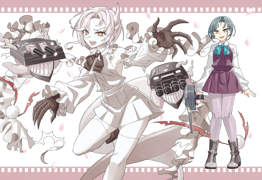2girls absurdres abyssal_jade_princess abyssal_ship adapted_turret aqua_bow aqua_bowtie bow bowtie cannon colored_skin dress forehead grey_hair grey_legwear halterneck highres kantai_collection kazh_(kazu) mole mole_on_neck multiple_girls pantyhose pleated_dress rigging shirt short_hair swept_bangs tamanami_(kancolle) white_hair white_shirt white_skin yellow_eyes