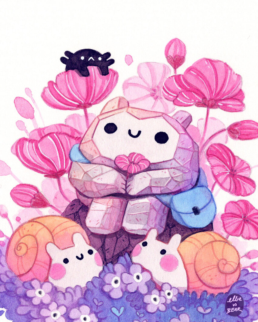 artist_name blush commentary creature ellievsbear english_commentary flower grass highres holding holding_flower on_rock original outdoors painting_(medium) pink_flower plant rock signature sitting smile snail solid_circle_eyes solid_eyes traditional_media watercolor_(medium)