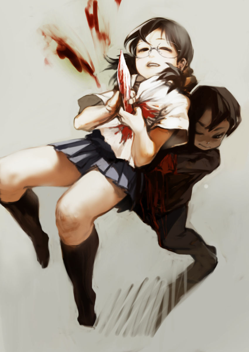 1boy 1girl backstab bad_id bad_pixiv_id black_hair blood blood_splatter blood_on_clothes glasses highres knife original school_uniform serafuku skirt takeyuki15