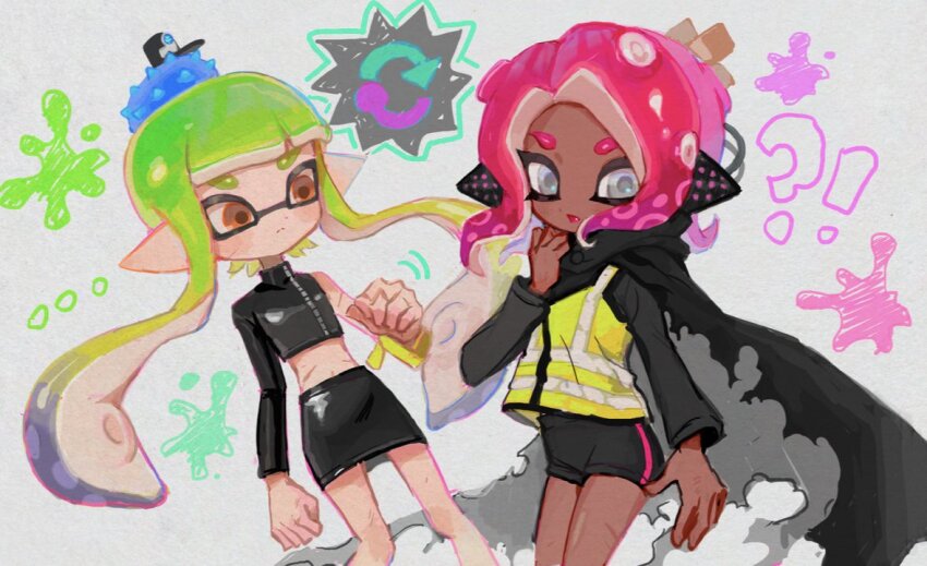 !? ... 2girls agent_3_(splatoon) agent_3_(splatoon)_(cosplay) agent_8_(splatoon) agent_8_(splatoon)_(cosplay) bike_shorts black_cape black_skirt c.q._cumber_(splatoon) cape commentary_request cosplay costume_switch crop_top dark-skinned_female dark_skin green_hair grey_eyes headgear high-visibility_clothing high-visibility_vest inkling long_hair miniskirt multiple_girls nintendo octoling open_mouth pencil_skirt pink_hair pointy_ears skirt splatoon_(series) splatoon_1 splatoon_2 splatoon_2:_octo_expansion standing tentacle_hair torn_cape torn_clothes uuurung very_long_hair