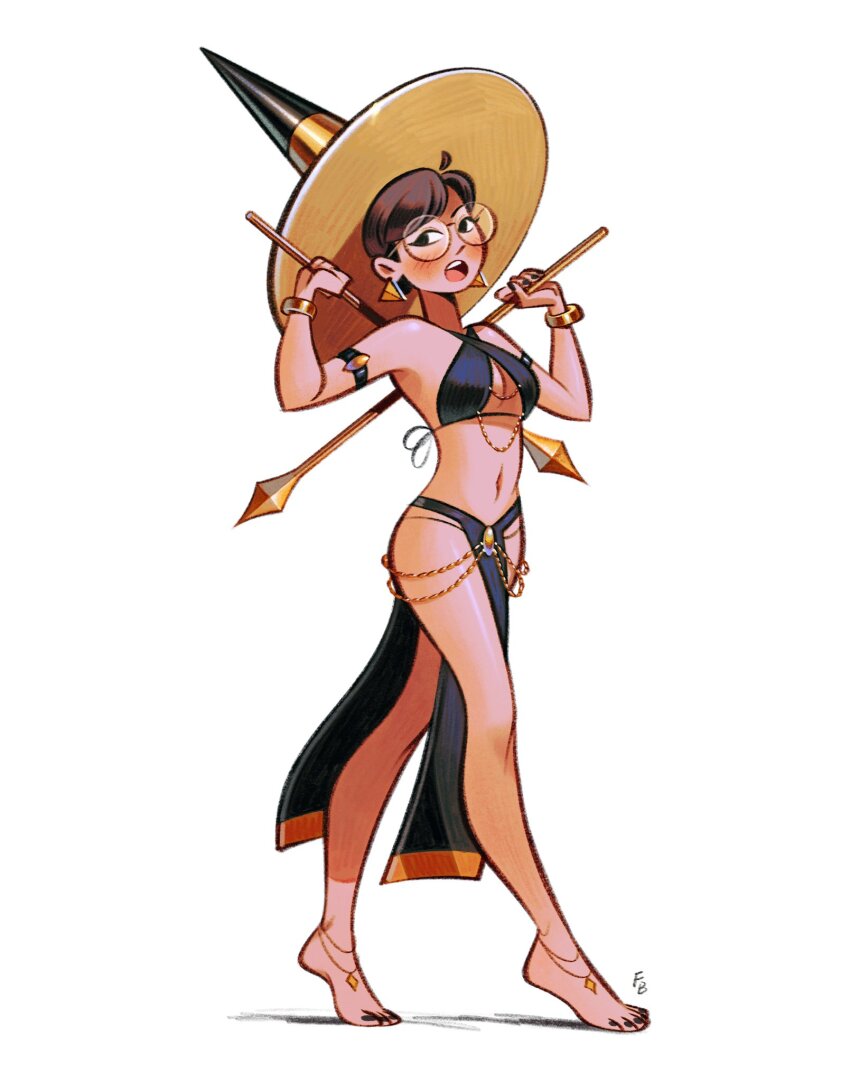 1girl black_eyes breasts brown_hair feet friedbaens full_body gold hat medium_breasts nails open_mouth original white_hair witch_hat yomorio_lingerie