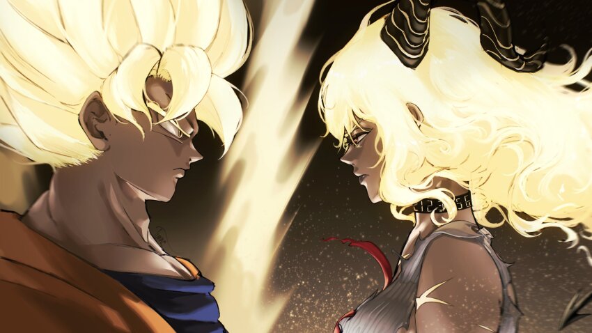 1boy 1girl bare_shoulders black_choker black_horns black_tail blonde_hair blue_shirt breasts choker closed_mouth collarbone commentary curled_horns demon_tail dragon_ball dragonball_z eye_contact faceoff floating_hair from_side highres horns iunnederob large_breasts looking_at_another portrait serious shirt son_goku spiked_hair tail white_shirt wuthering_waves yellow_eyes zani_(wuthering_waves)