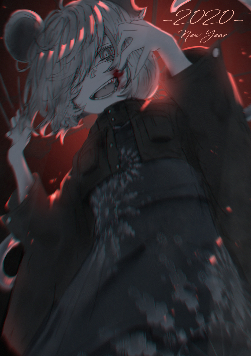 1girl 2020 absurdres animal_ears blood blood_on_face chinese_zodiac fang floral_print grey_eyes grey_hair hair_over_one_eye happy_new_year highres holding huge_filesize japanese_clothes mouse_girl mouse_tail new_year open_mouth original short_hair smile solo sutorobo72 tail teeth tongue year_of_the_rat