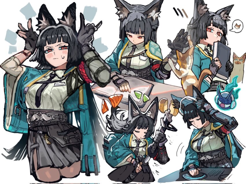 1girl animal_ear_fluff animal_ears arm_out_of_sleeve black_gloves black_hair black_necktie black_skirt blunt_bangs book cat closed_mouth cutting double_fox_shadow_puppet dress_shirt fingerless_gloves food fox_ears fox_girl fox_shadow_puppet gauntlets gloves green_jacket headphones high-waist_skirt highres hoshimi_miyabi jacket katana long_hair looking_at_viewer multiple_views necktie pantyhose reading red_eyes reomenka scabbard sheath shirt sidelocks single_fingerless_glove single_gauntlet skirt solo sweatdrop sword tailless_(zenless_zone_zero) weapon white_background white_shirt zenless_zone_zero