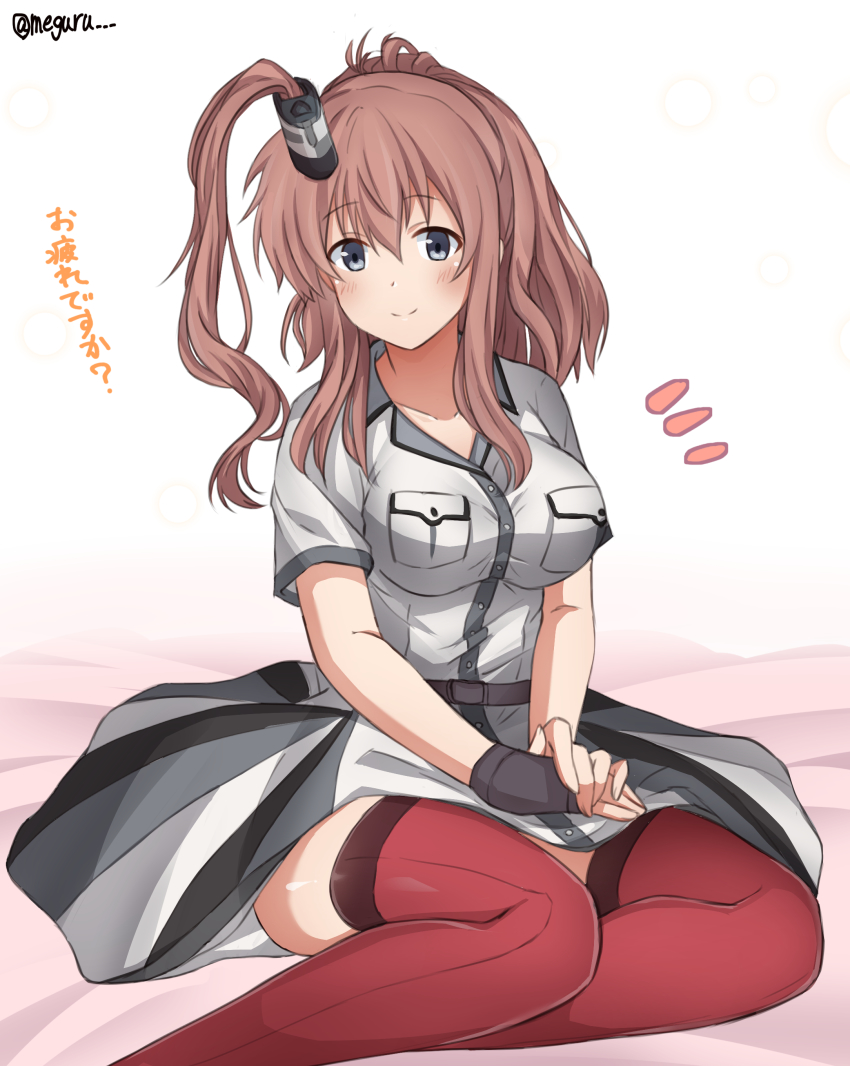 1girl absurdres blush breast_pocket brown_hair collarbone female_focus grey_eyes hair_between_eyes high_side_ponytail highres kantai_collection long_hair meguru_(megurunn) pocket red_thighhighs saratoga_(kancolle) saratoga_mk_ii_(kancolle) short_sleeves side_ponytail smile solo thighhighs