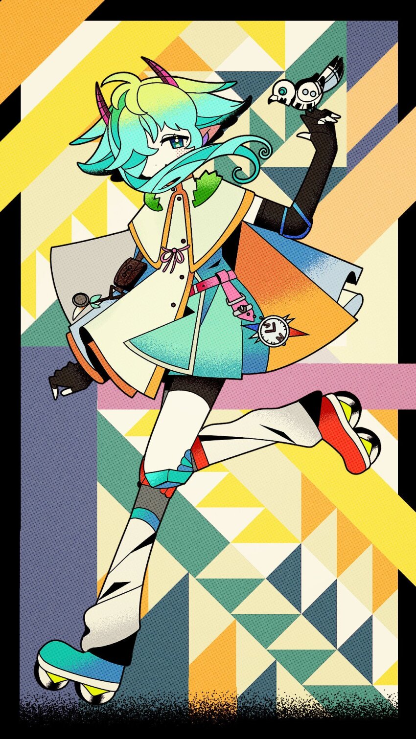 1girl abstract_background aqua_eyes aqua_hair belt bird bird_on_hand black_border black_gloves border coat elbow_gloves elbow_pads fingerless_gloves full_body gloves hair_over_one_eye hand_up hashtag-only_commentary highres horns leg_up leg_warmers long_hair looking_at_viewer machigami_yoh nagno_himawari one_eye_covered original pocket_watch roller_skates skates solo standing standing_on_one_leg watch white_coat