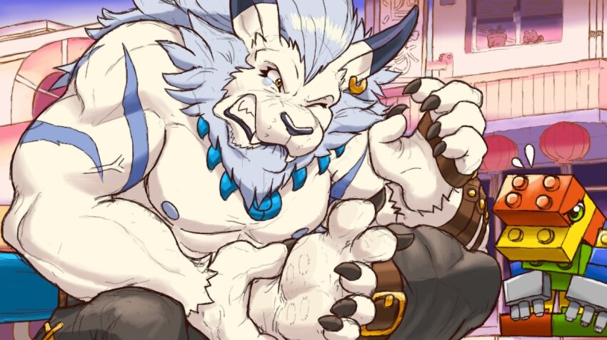 apologizing belt claws digimon digimon_(creature) earrings jewelry one_eye_closed panjyamon toyagumon