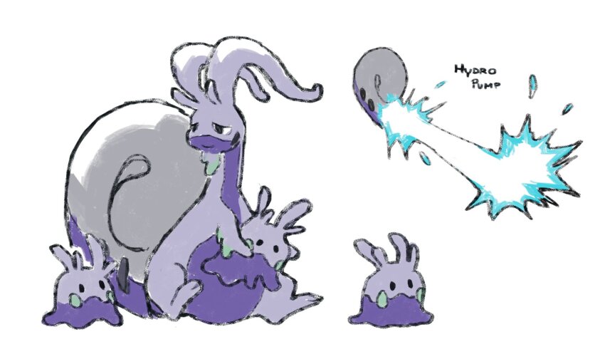black_eyes commentary creature creature_focus creatures_(company) english_text full_body game_freak gen_6_pokemon goodra goomy highres hisuian_goodra hydro_pump_(pokemon) looking_to_the_side multiple_views nintendo no_humans pokemon pokemon_(creature) sitting snoozaga solid_circle_eyes white_background