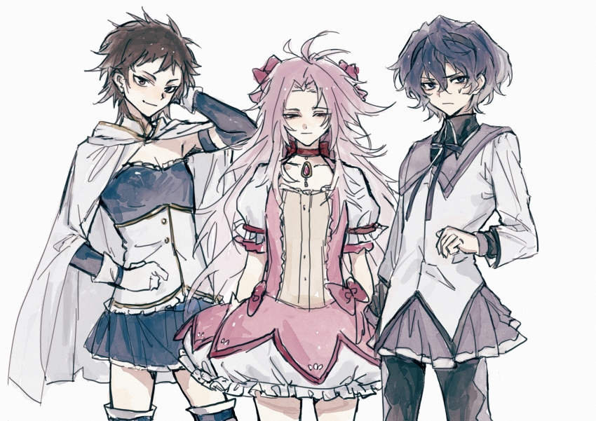 3boys absurdres akemi_homura akemi_homura_(cosplay) akemi_homura_(magical_girl) antenna_hair arm_behind_head atou_haruki black_hairband black_pantyhose black_ribbon blue_hair blue_shirt blue_skirt bow brown_hair cape chinese_commentary closed_mouth collared_shirt commentary_request cosplay cowboy_shot crossdressing crossdressing_(mtf) dark_blue_hair dress dress_bow frilled_dress frilled_shirt frills gloves grey_skirt hair_ribbon hairband harada_minoru hatsutori_hajime highres kaname_madoka kaname_madoka_(cosplay) kaname_madoka_(magical_girl) mahou_shoujo_madoka_magica mahou_shoujo_madoka_magica_(anime) male_focus miki_sayaka miki_sayaka_(cosplay) miki_sayaka_(magical_girl) miniskirt multiple_boys necktie pantyhose pink_dress pleated_skirt puffy_short_sleeves puffy_sleeves red_bow red_eyes red_ribbon ribbon saibou_shinkyoku shirt short_hair short_sleeves simple_background skirt smile soul_gem trap utsugi_noriyuki white_background white_cape white_gloves white_shirt xuanyuan