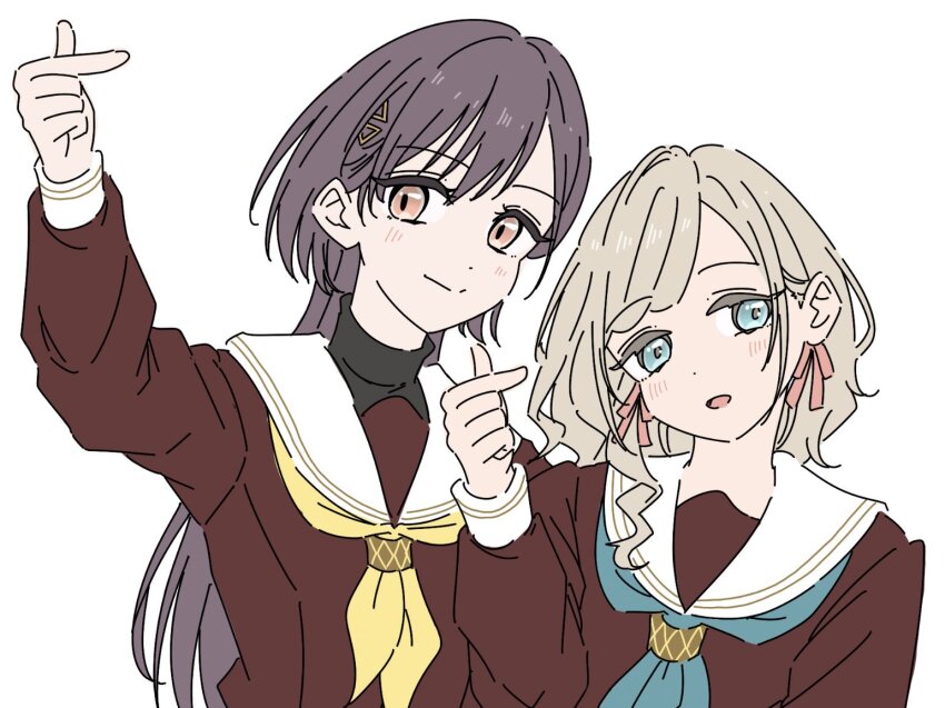 2girls :d aqua_neckerchief blue_eyes blush brown_dress ceras_yanagida_lilienfeld closed_mouth commentary dress edel_note finger_heart hair_ornament hair_ribbon hashtag-only_commentary hasu_no_sora_school_uniform katsuragi_izumi link!_like!_love_live! llkapital long_hair long_sleeves looking_at_viewer love_live! multiple_girls neckerchief open_mouth orange_eyes pink_ribbon ribbon sailor_collar sailor_dress school_uniform sideways_glance simple_background smile split_mouth swept_bangs triangle_hair_ornament virtual_youtuber wavy_hair white_background white_sailor_collar winter_uniform wolf_cut yellow_neckerchief