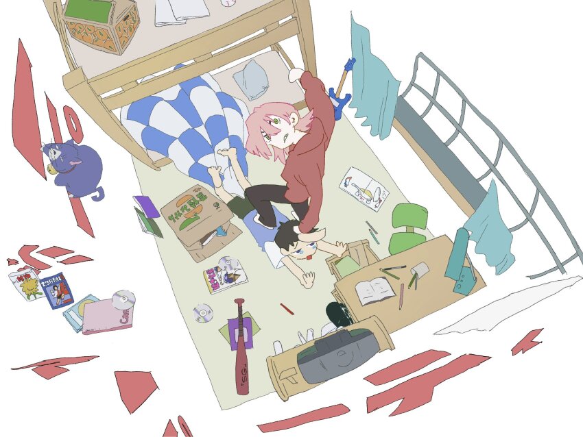 angry arm_up baseball_bat bedroom blanket cat cd chair curtains desk flcl foot_on_another&#039;s_back gainax grabbing_another&#039;s_hair green_eyes guitar haruhara_haruko hood hoodie instrument looking_at_viewer magazine_(object) messy_room nandaba_naota pencil pink_hair pink_punk_ponk simple_background television