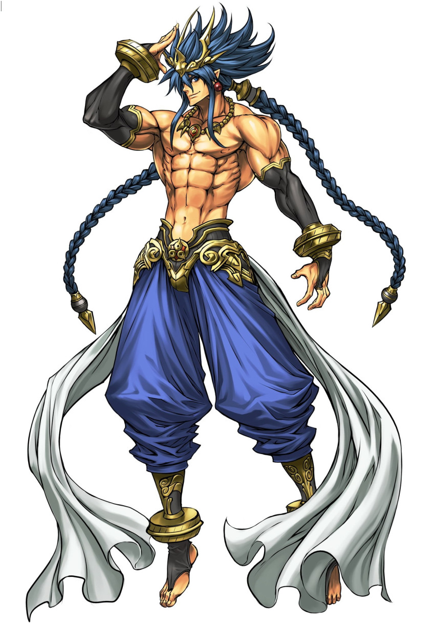 blue_hair bracelet cho_aniki cho_aniki_zero earrings highres idaten jewelry lots_of_jewelry manly muscular necklace official_art ornament pointy_ears