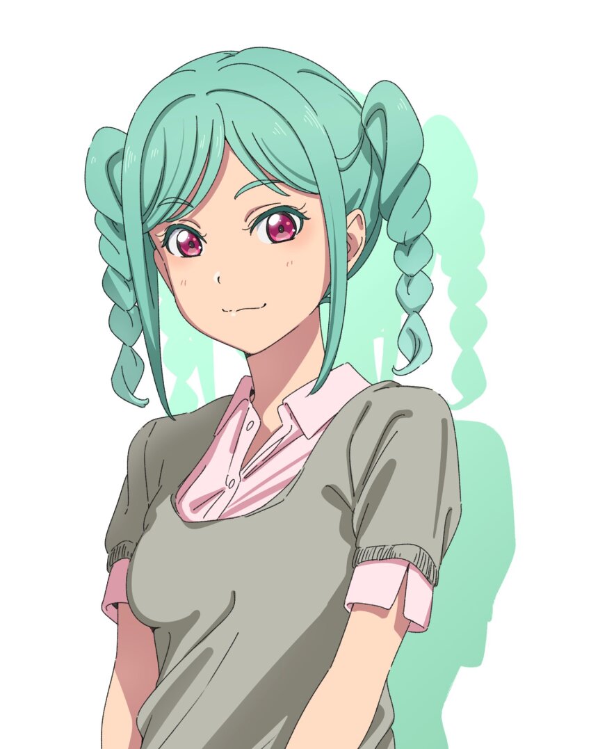 1girl blush braid braided_twintails closed_mouth collared_shirt colored_shadow drop_shadow green_hair grey_shirt highres looking_at_viewer love_live! love_live!_superstar!! medium_hair onitsuka_tomari pink_eyes pink_shirt sano_keiichi shadow shirt short_sleeves sidelocks simple_background solo twin_braids twintails upper_body white_background