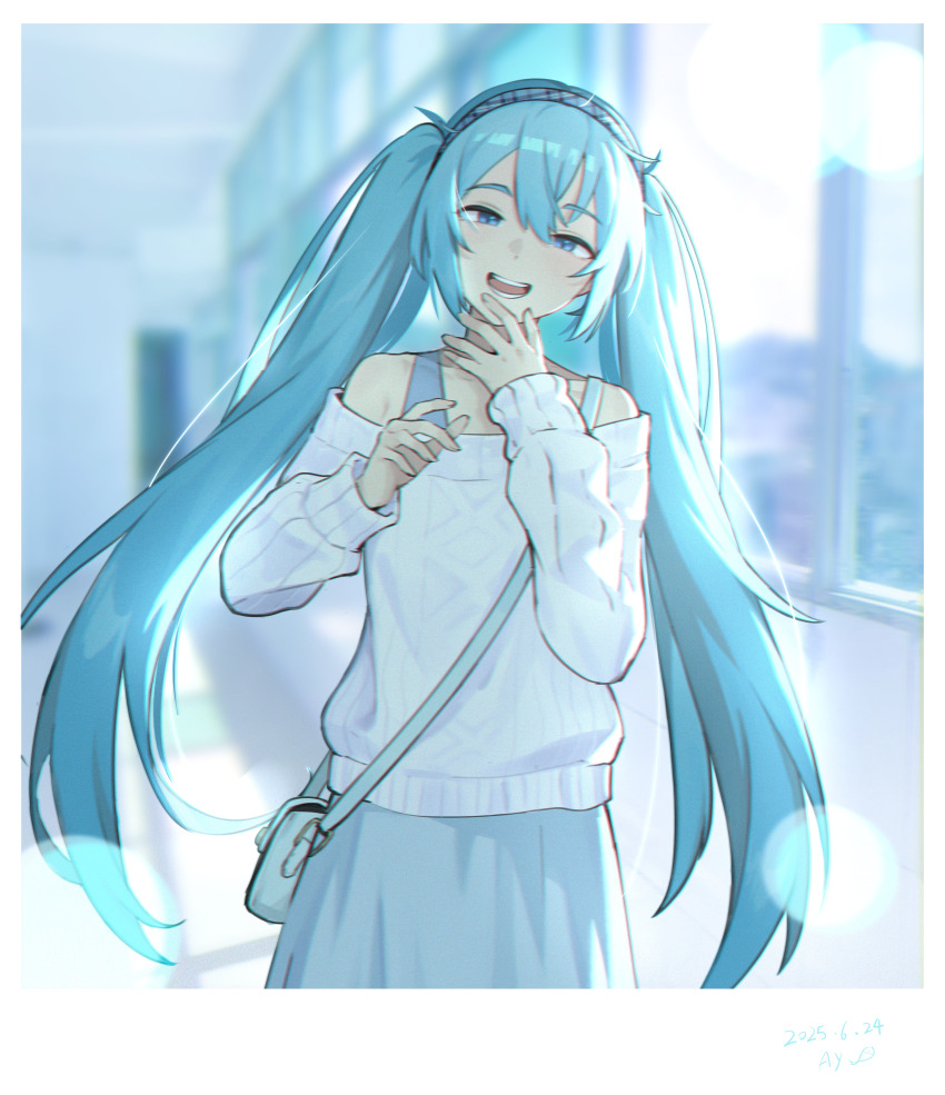 1girl :d a_yu_(2932120331) absurdres aqua_eyes aqua_hair bag commentary grey_skirt hairband hatsune_miku highres long_hair looking_at_viewer off-shoulder_shirt off_shoulder open_mouth plaid_hairband shirt shoulder_bag skirt smile solo standing teeth tongue vocaloid white_shirt