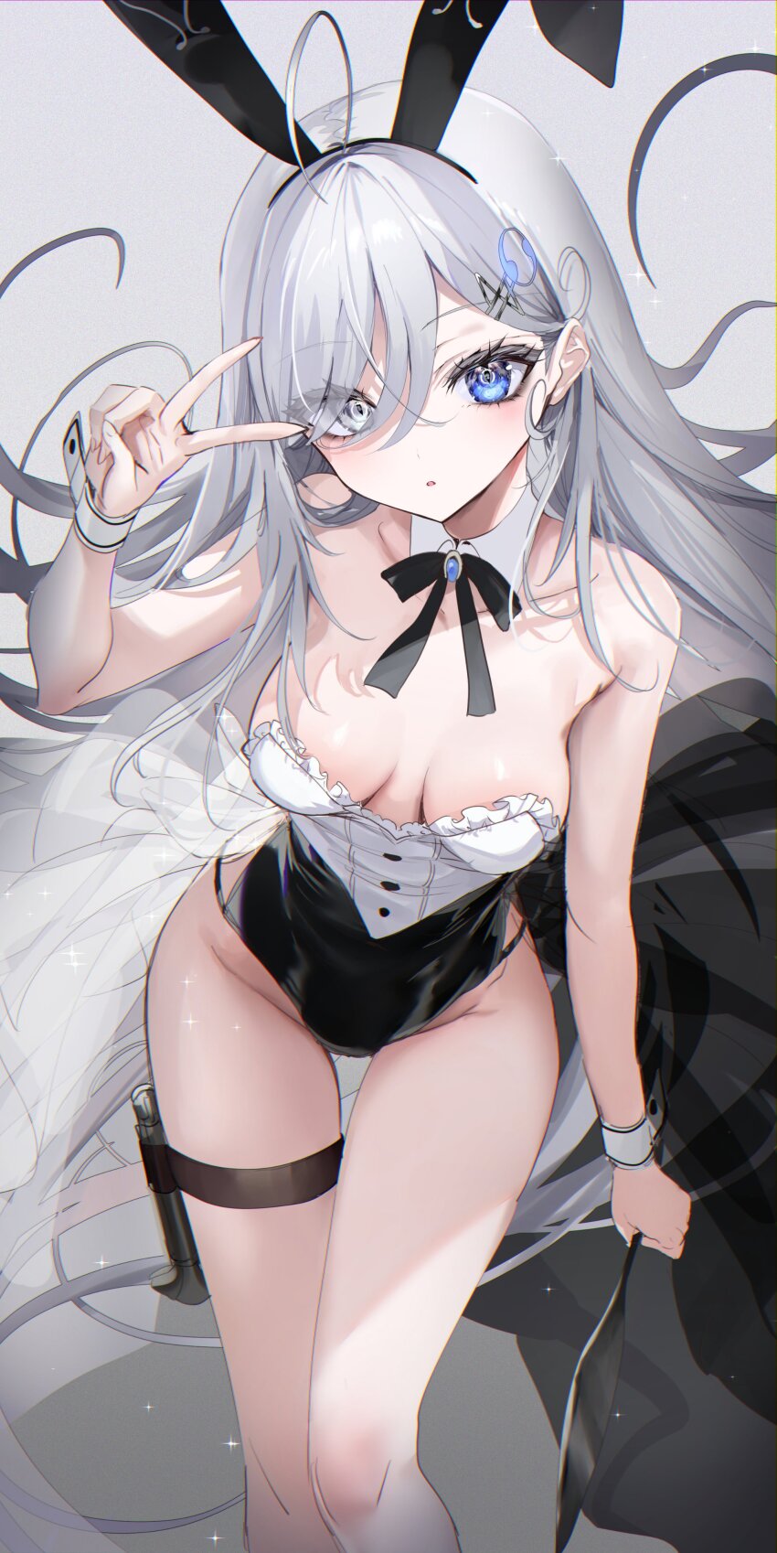 1girl absurdres animal_ears bare_legs black_hairband black_leotard black_ribbon blue_eyes blue_gemstone breasts cleavage collarbone detached_collar fake_animal_ears floating_hair gem grey_eyes grey_hair hair_between_eyes hair_ornament hairband hairclip heterochromia highres holster leaning_forward leotard long_hair looking_at_viewer medium_breasts multicolored_leotard neck_ribbon nekometaru official_art parted_lips playboy_bunny rabbit_ears ribbon shibou_yuugi_de_meshi_o_kuu shiny_skin solo strapless strapless_leotard thigh_gap thigh_holster two-tone_leotard v very_long_hair white_leotard wing_collar wrist_cuffs yuuki_(shibou_yuugi)