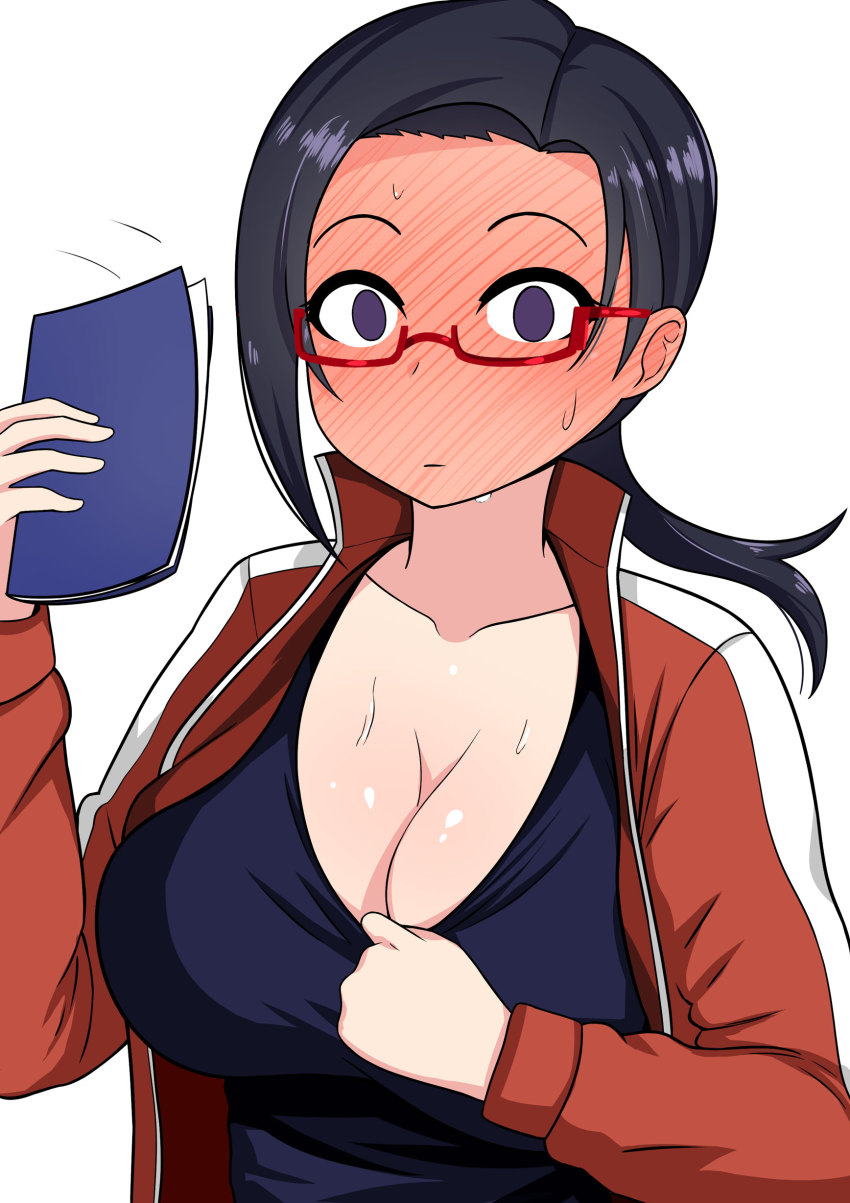0_0 1girl absurdres black_hair blush breasts cleavage demi-chan_wa_kataritai full-face_blush highres huge_breasts in_heat motion_lines notebook open_mouth purple_eyes red-framed_eyewear satou_sakie sportswear surprised sweat the_only_shoe upper_body white_background