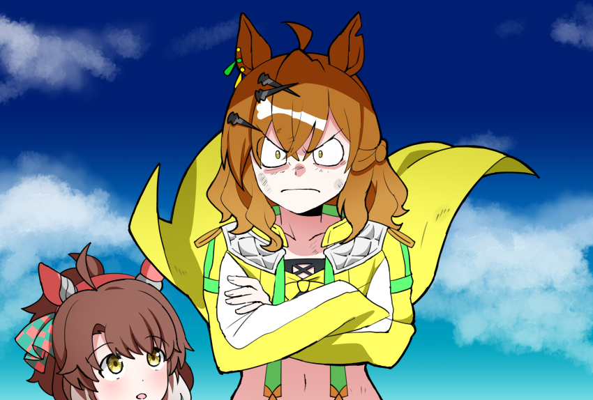 2girls absurdres ahoge animal_ears aramori_susumu brown_hair crossed_arms dantsu_flame_(umamusume) ear_covers gunbuster_pose hair_between_eyes hair_ornament hairband hairclip highres horse_ears horse_girl imaishi_hiroyuki_(style) jacket jungle_pocket_(umamusume) long_sleeves looking_at_another looking_at_viewer medium_hair midriff multicolored_hair multiple_girls navel notched_ear parody pink_hairband straight-on style_parody suspenders tengen_toppa_gurren_lagann two-tone_hair umamusume umamusume:_beginning_of_a_new_era white_hair yellow_eyes yellow_jacket