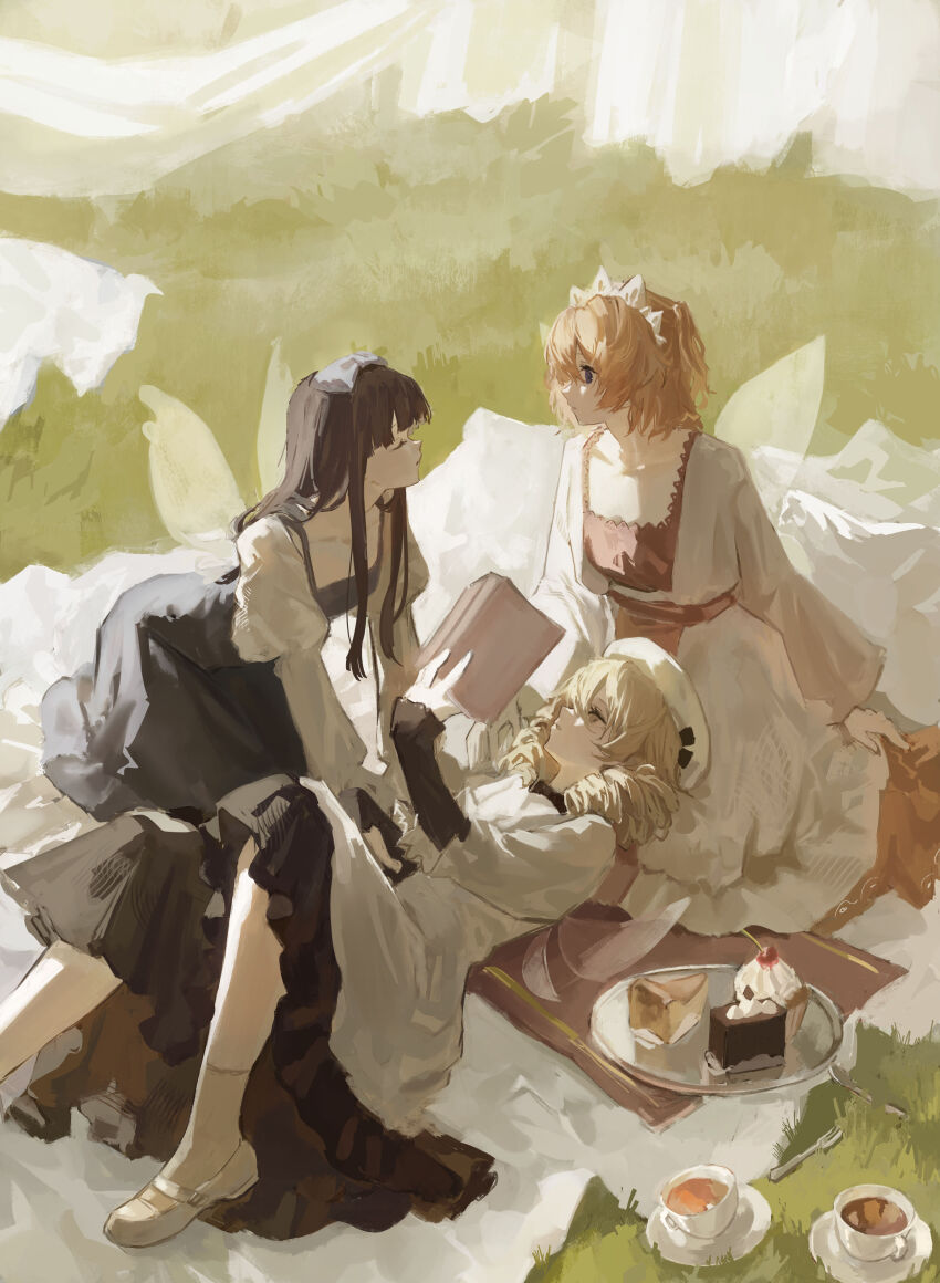 3girls absurdres black_dress black_hair blonde_hair blue_eyes book bow cake cake_slice closed_eyes commentary_request cup cupcake day dress drill_hair facing_another fairy_wings food full_body grass hair_bow hat highres hime_cut holding holding_book juliet_sleeves lap_pillow long_hair long_sleeves looking_at_another luna_child multiple_girls open_book outdoors picnic_blanket pinafore_dress plate puffy_sleeves reading saucer sawararado seiza shoes short_hair sitting sleeveless sleeveless_dress slice_of_life star_sapphire straight_hair sunny_milk tea teacup touhou white_dress white_hat white_shoes wings yellow_eyes