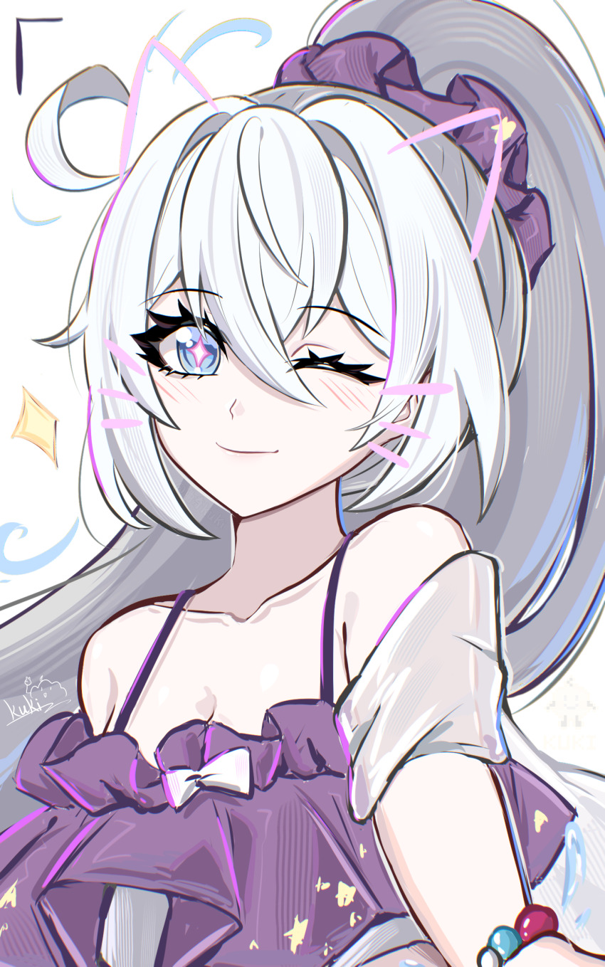 1girl ;) ahoge blue_eyes bracelet breasts cleavage collarbone commentary_request cutescookie drawn_ears drawn_whiskers face_filter high_ponytail highres honkai_(series) honkai_impact_3rd jewelry kiana_kaslana long_hair looking_at_another one_eye_closed ponytail purple_shirt shirt smile solo star-shaped_pupils star_(symbol) symbol-shaped_pupils upper_body very_long_hair white_background white_hair