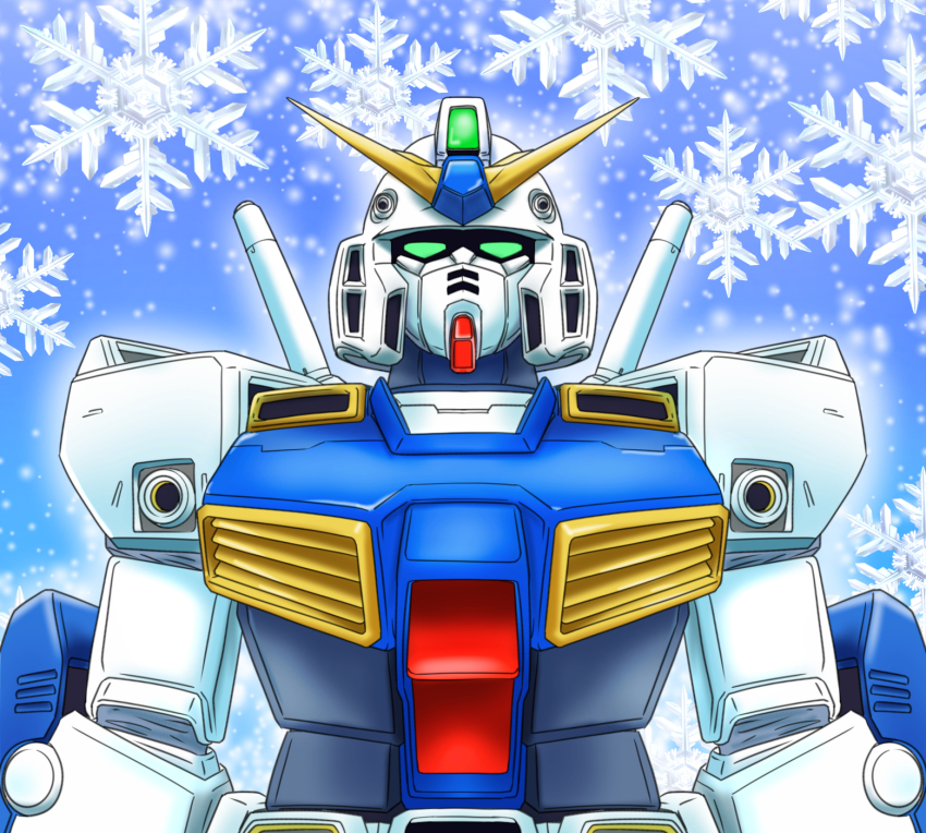 1980s_(style) christmas glowing green_eyes gun gundam gundam_0080 gundam_alex highres looking_at_viewer machine_gun machinery mecha mecha_focus mobile_suit niiyan oldschool portrait retro_artstyle robot science_fiction snowflakes upper_body v-fin weapon