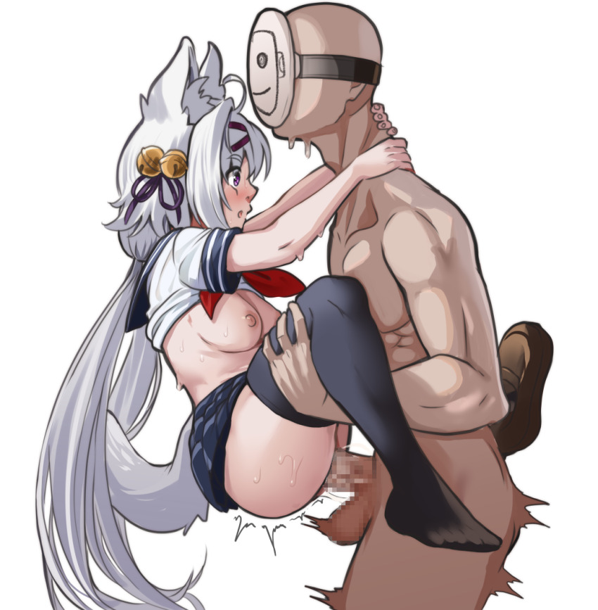 1boy 1girl animal_ears bell blue_skirt breasts censored clothed_female_nude_male clothed_sex filian_(vtuber) hair_bell hair_ornament hetero indie_virtual_youtuber long_hair mask medium_breasts nico-mo nipples no_bra nude penis pleated_skirt purple_eyes school_uniform serafuku sex short_sleeves skirt suspended_congress tail thighhighs virtual_youtuber