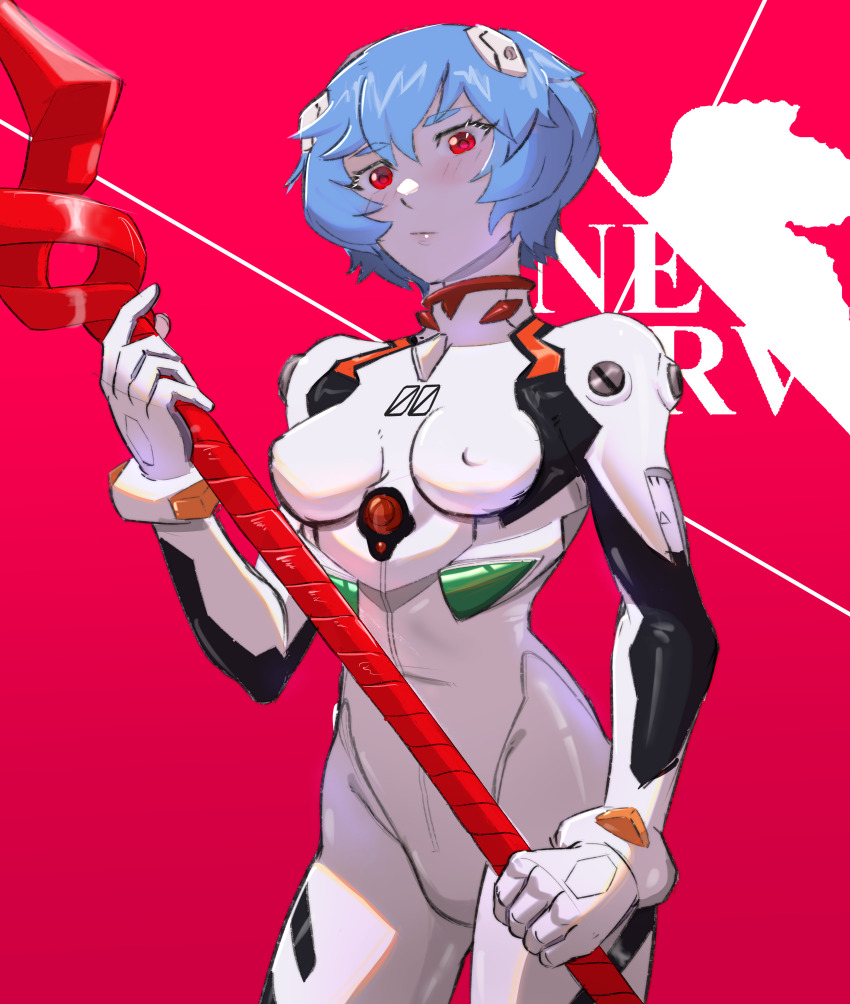 1girl absurdres ayanami_rei blue_hair bodysuit commentary highres holding holding_polearm holding_weapon interface_headset_(evangelion) lance_of_longinus_(evangelion) logo looking_at_viewer mecha_pilot_suit neon_genesis_evangelion nerv plugsuit_(evangelion) polearm red_background red_eyes short_hair solo victor_stein weapon white_bodysuit