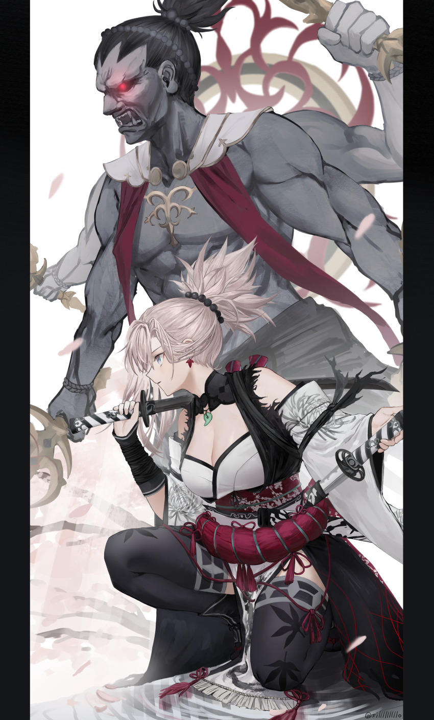 1boy 1girl absurdres arm_guards asymmetrical_hair black_thighhighs blue_eyes branch breasts cherry_blossoms cleavage colored_skin detached_collar earrings extra_arms falling_petals fangs fate/grand_order fate/samurai_remnant fate_(series) grey_skin hair_ornament highres holding holding_sheath holding_sword holding_weapon japanese_clothes jewelry katana kimono large_breasts long_hair looking_to_the_side magatama magatama_necklace miyamoto_musashi_(fate) miyamoto_musashi_(woman_of_niten_ichiryuu)_(fate) necklace noble_phantasm_(fate) obi official_alternate_costume on_one_knee open_mouth over_shoulder petals pink_hair ponytail red_eyes red_sash sash sheath shiro_(siro_kuten) single_sidelock spirit swept_bangs sword sword_over_shoulder thighhighs topless_male unsheathed weapon weapon_over_shoulder white_kimono
