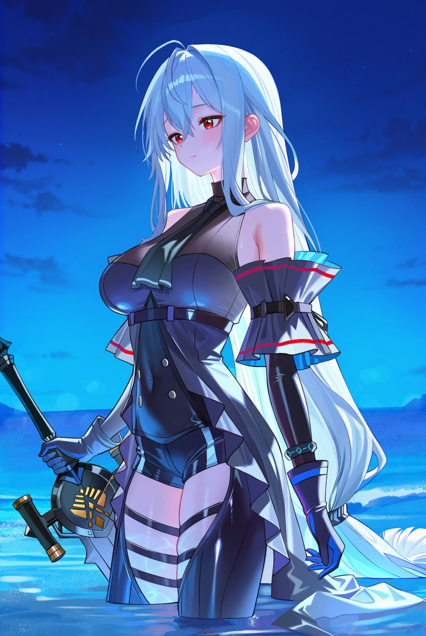 1girl absurdres ahoge arknights arm_cuffs ascot bare_shoulders black_ascot black_coat black_gloves black_pants black_shirt blush breasts clothing_cutout cloud coat commentary_request crossed_bangs detached_sleeves gloves hair_between_eyes halter_shirt halterneck highres holding holding_sword holding_weapon large_breasts long_hair looking_ahead low-tied_long_hair necktie night night_sky no_headwear ocean pants partially_submerged red_trim shirt sidelocks skadi_(arknights) skadi_(elite_ii)_(arknights) sky solo standing sword thigh_cutout underbust very_long_hair weapon white_hair yueyueyue_yao