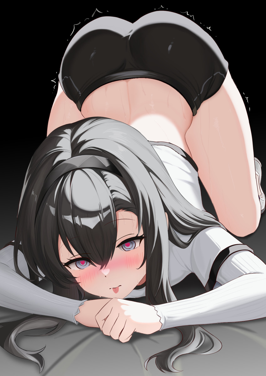 1girl :p absurdres arknights ass black_background black_hair black_hairband black_shorts blush chinese_commentary commentary_request grey_eyes hair_between_eyes hair_intakes hairband heart heart-shaped_pupils highres layered_sleeves long_hair long_sleeves looking_at_viewer median_furrow priestess_(arknights) shirt short_over_long_sleeves short_shorts short_sleeves shorts sidelocks simple_background solo sui_wo_qing_shan_qu sweat symbol-shaped_pupils tongue tongue_out top-down_bottom-up variant_set white_shirt