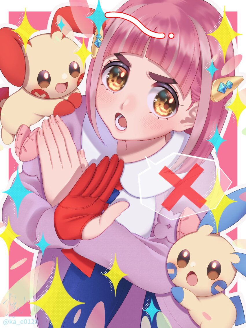 1girl :o arched_bangs blue_pants blush cardigan collared_shirt commentary_request gen_3_pokemon gloves hair_ornament hairclip hana_e_(ka_e0128) hands_up highres lacey_(pokemon) lower_teeth_only minun nintendo open_cardigan open_clothes open_mouth pants partially_fingerless_gloves pink_hair plusle pokemon pokemon_(creature) pokemon_sv purple_cardigan red_gloves shirt single_glove sparkle spoken_x teeth white_shirt x_arms yellow_eyes