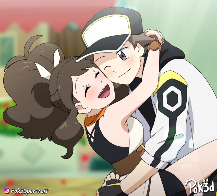 absurdres baseball_cap brown_hair gen_1_pokemon happy hat highres hilda_(pokemon) hilda_(sygna_suit)_(pokemon) hug jacket mukkiw nintendo pok3d pokemon pokemon_masters_ex ponytail red_(pokemon) red_(sygna_suit)_(thunderbolt)_(pokemon) smile