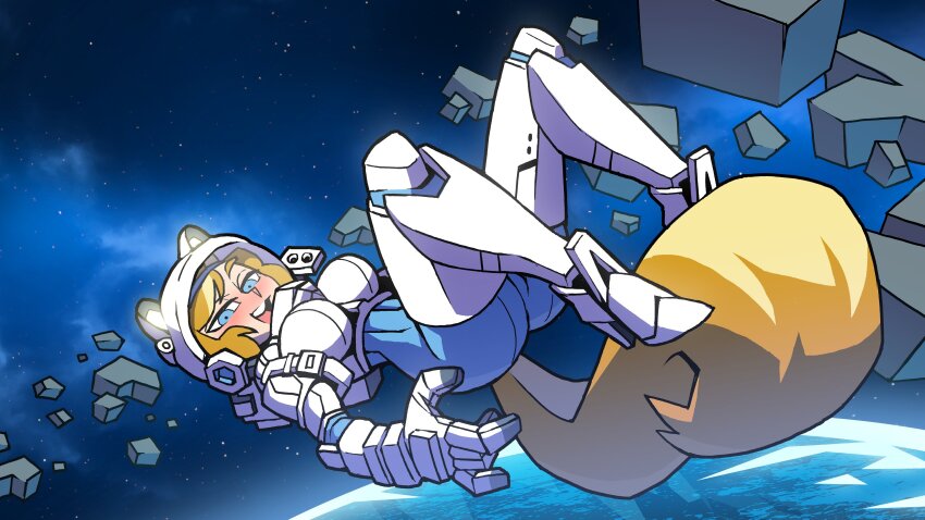 1girl :d absurdres animal_ears ass astronaut breasts full_body gauntlets green_background green_eyes helmet highres knees_up large_breasts looking_at_viewer mittsies open_mouth planet short_hair smile solo space space_helmet squirrel_ears squirrel_girl squirrel_tail tail teeth upper_teeth_only vanripper