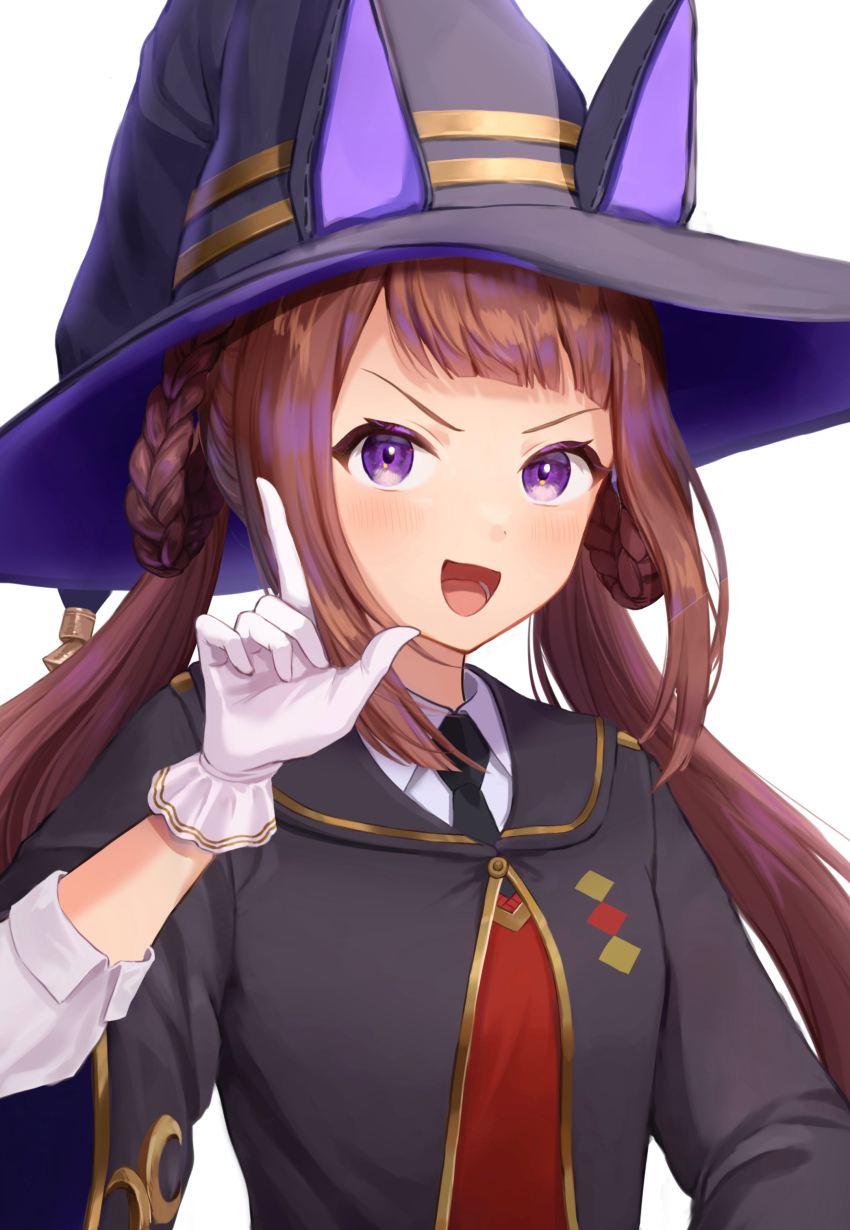 1girl :d absurdres black_hat black_necktie black_robe blush braid braided_hair_rings brown_hair commentary dress_shirt gloves hair_rings hat highres horse_girl index_finger_raised kanehira151 long_hair long_sleeves looking_at_viewer necktie open_mouth purple_eyes red_sweater robe shirt simple_background smile solo sweater sweep_tosho_(umamusume) twintails umamusume v-shaped_eyebrows white_background white_gloves white_shirt wide_sleeves witch witch_hat