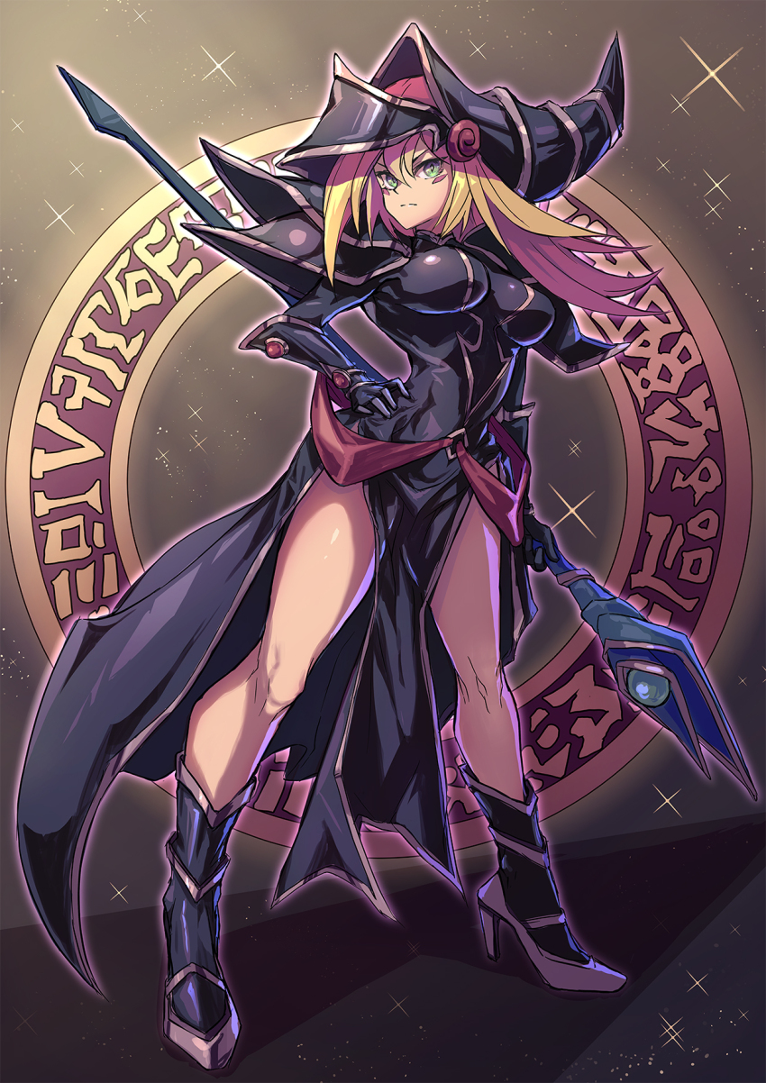 1girl blonde_hair boots breasts cosplay dark_magician dark_magician_(cosplay) dark_magician_girl duel_monster frown full_body green_eyes hand_on_own_hip hat highres holding holding_staff knee_boots large_breasts looking_to_the_side magic_circle magical_girl no_pants shouma_(bravespiritya) staff staff_(weapon) standing wizard_hat yu-gi-oh!
