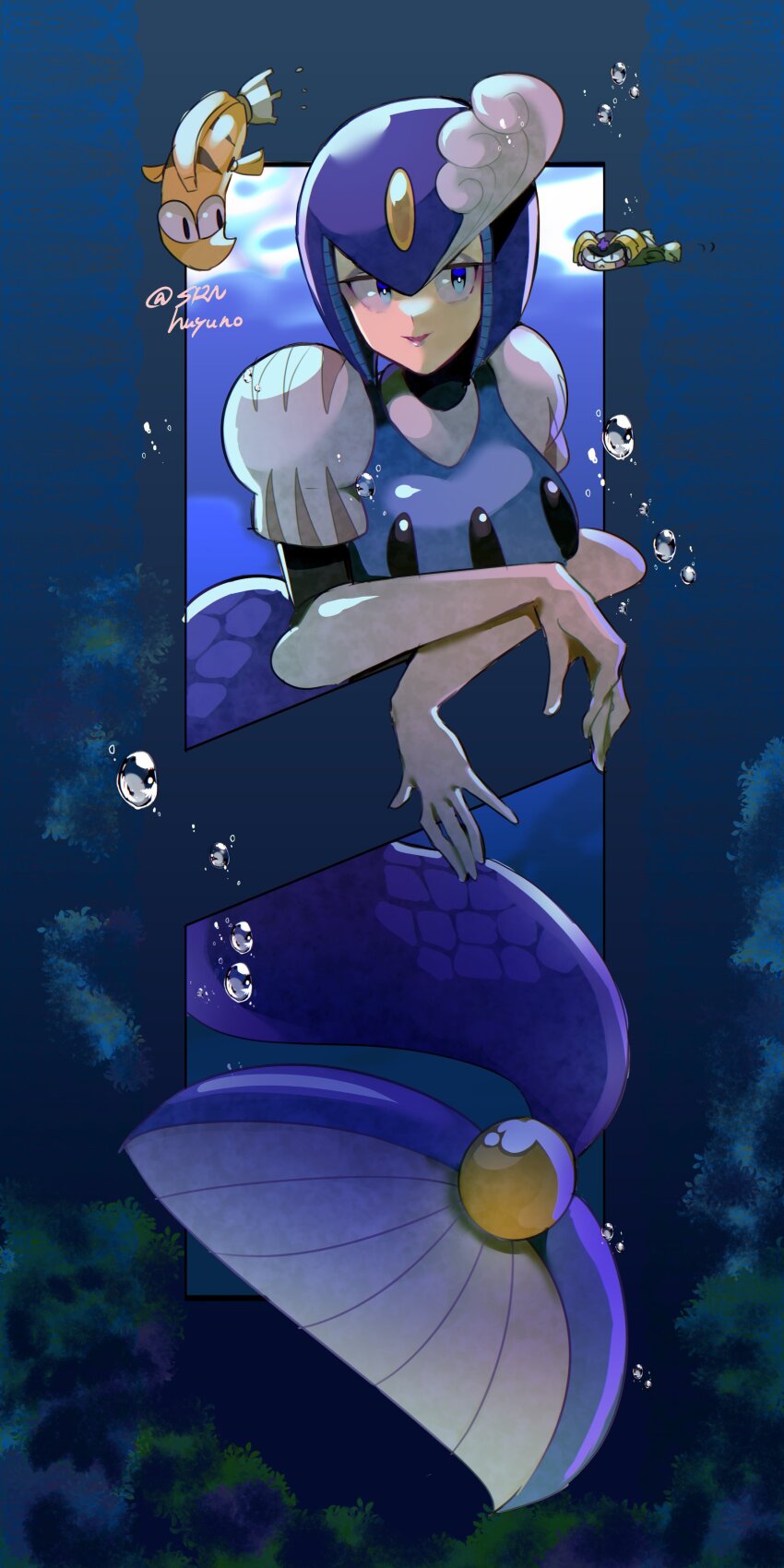 1boy 1girl absurdres bass_(mega_man) blue_eyes breasts helmet highres large_breasts mega_man_(classic) mega_man_(series) mega_man_9 mermaid monster_girl robot_girl solo splash_woman srnhuyuno twitter_username underwater