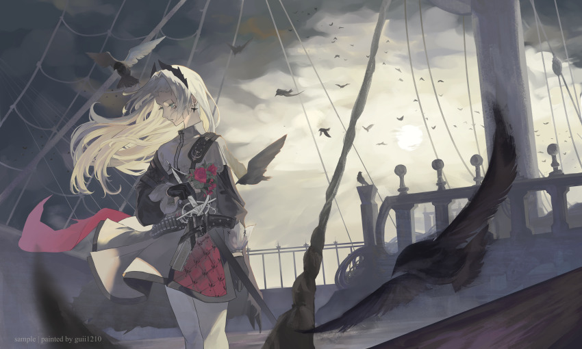 1girl absurdres arknights bird black_jacket capelet commentary cowboy_shot cross_scar earrings english_commentary flower guii1210 gun hair_intakes handgun head_wings highres holding holding_flower holstered irene_(arknights) jacket jewelry long_hair mast overcast pantyhose pink_ribbon pink_skirt rapier red_flower red_rose ribbon rope rose sample_watermark scabbard scar scar_across_eye scar_on_face sheath sheathed ship ship_deck simple_bird skirt sky solo sun sword two-tone_skirt watercraft watermark weapon white_capelet white_hair white_pantyhose white_skirt wings