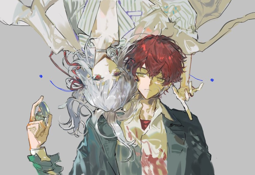 1boy 1girl blood blood_on_clothes collarbone collared_shirt dress grey_background hair_between_eyes hair_ribbon holding holding_lighter jacket lighter long_hair long_sleeves looking_at_viewer male_focus open_clothes open_jacket original qyzhiaiyisheng red_eyes red_hair red_ribbon ribbon shirt short_hair simple_background upper_body upside-down white_hair white_shirt