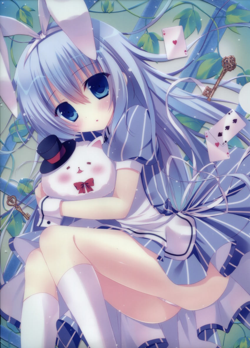 1girl =_= absurdres blue_dress blue_eyes blue_hair blush bow card dress gochuumon_wa_usagi_desu_ka? hair_ribbon hasune_(hasuneya) hat heart heart_card highres kafuu_chino key kneehighs long_hair mini_hat mini_top_hat open_mouth panties pantyshot pinstripe_pattern plant playing_card puffy_short_sleeves puffy_sleeves ribbon scan short_sleeves socks spade spades_card sparkle striped_clothes striped_dress tippy_(gochiusa) tippy_(gochuumon_wa_usagi_desuka?) top_hat underwear vines white_socks wrist_cuffs