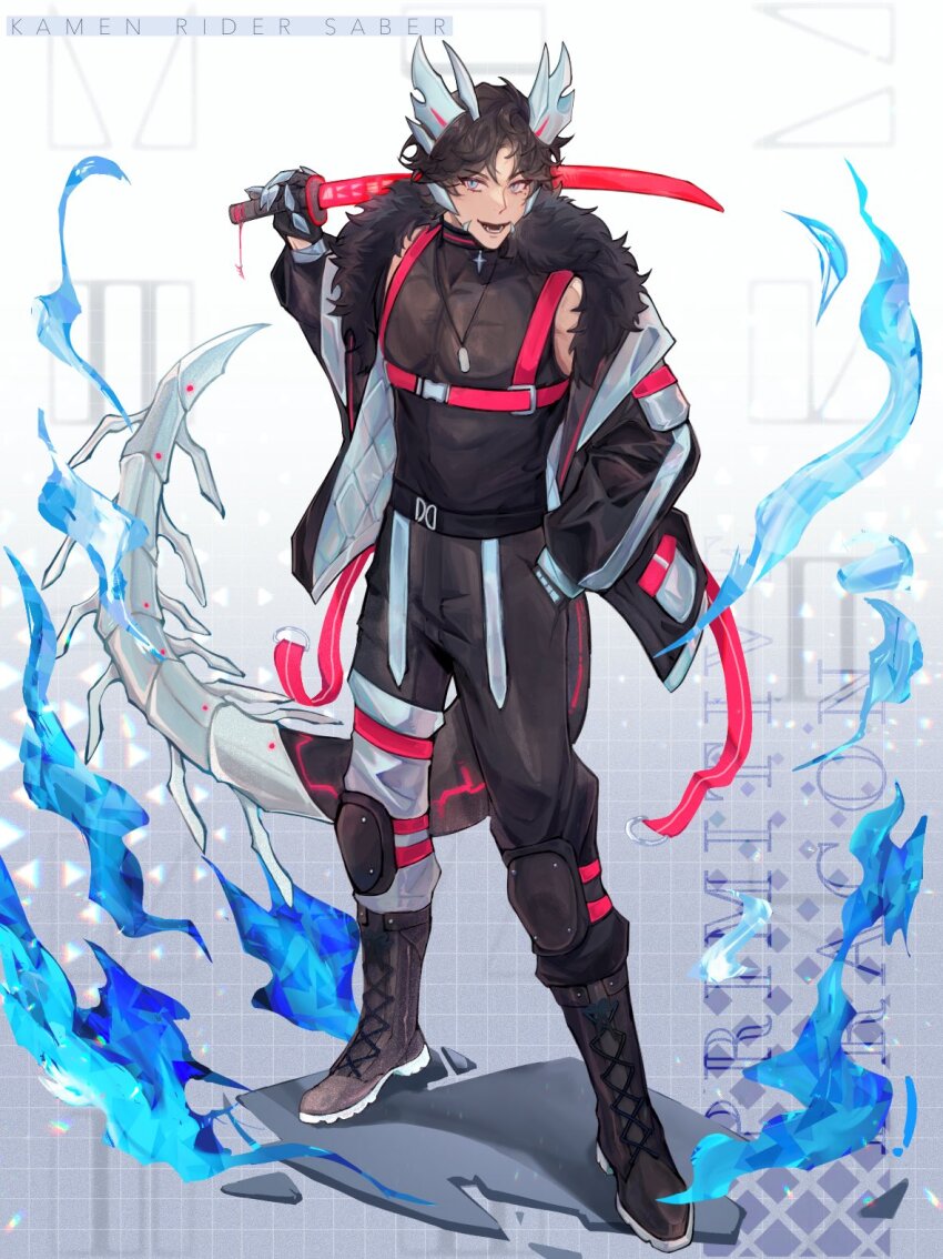 1boy :d adapted_costume alternate_costume black_gloves black_hair black_pants blue_eyes blue_fire boots chest_harness cyberpunk dog_tags dragon_horns dragon_tail english_text fangs fire full_body fur_trim gloves hand_in_pocket harness highres holding holding_sword holding_weapon horns kamen_rider kamen_rider_saber kamen_rider_saber_(series) kamen_rider_saber_primitive_dragon_brave_dragon kamiyama_touma katana knee_pads male_focus meowq off_shoulder open_mouth pants smile sword tail tank_top weapon