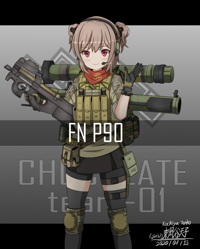 1girl absurdres ammunition_pouch artist_name belgian_flag black_gloves black_skirt blush brown_gloves brown_shirt brown_vest buckle bullpup camouflage camouflage_shirt character_name closed_mouth commentary_request dated desert_camouflage double_bun emoji english_text explosive fn_herstal girls&#039;_frontline gloves gradient_background grenade grey_background grey_thighhighs gun hair_bun hair_ornament hand_grenade hand_up headset highres holding holding_gun holding_weapon japanese_text knee_pads kochiya_tenko letterboxed light_brown_hair load_bearing_equipment load_bearing_vest logo looking_at_viewer military miniskirt no_eyewear p90 p90_(girls&#039;_frontline) personal_defense_weapon pixiv_username pouch product_placement red_eyes rocket_launcher romaji_text shirt skirt sleeves_rolled_up smaw smile smoke_grenade snap-fit_buckle solo submachine_gun tactical_clothes thigh_pouch thighhighs tsurime two-tone_gloves vest watch weapon weapon_name weapon_on_back wristwatch