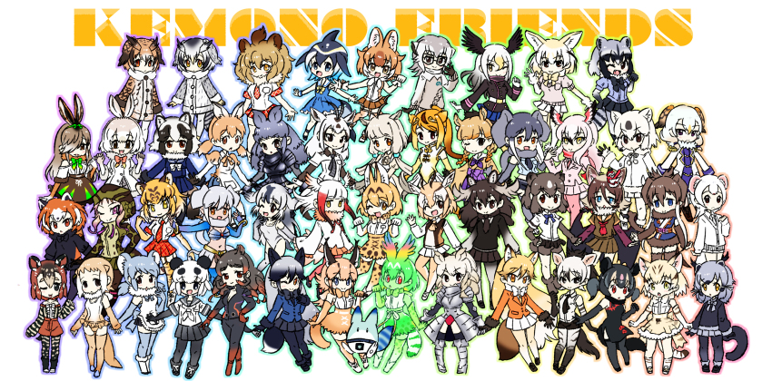 6+girls african_elephant_(kemono_friends) african_rock_python_(kemono_friends) animal_ears animal_print annotation_request arabian_oryx_(kemono_friends) armor aye-aye_(kemono_friends) bearded_seal_(kemono_friends) black_bow black_eyes black_hair black_rhinoceros_(kemono_friends) blonde_hair blue_eyes blush bow braid breast_pocket breasts brown_eyes brown_feathers brown_hair cellval character_request cleavage common_dolphin_(kemono_friends) common_raccoon_(kemono_friends) copyright_name dress elbow_gloves eurasian_eagle_owl_(kemono_friends) ezo_red_fox_(kemono_friends) feathers fennec_(kemono_friends) fox_ears fox_girl fox_tail giant_panda_(kemono_friends) glasses gloves golden_snub-nosed_monkey_(kemono_friends) grey_feathers grey_hair hair_ornament head_wings highres hippopotamus_(kemono_friends) horns japanese_otter_(kemono_friends) kemono_friends light_brown_hair lucky_beast_(kemono_friends) mask medium_breasts multicolored_hair multiple_girls navel necktie northern_white-faced_owl_(kemono_friends) one_eye_closed open_mouth orange_hair owl_print pink_eyes pleated_skirt pocket print_bow raccoon_ears red_bow red_eyes sailor_collar serval_(kemono_friends) silver_fox_(kemono_friends) siraitokiko skirt small_breasts smile striped_tail tail tengu_mask thighhighs tiger_(kemono_friends) twin_braids white_hair white_rhinoceros_(kemono_friends) white_skirt wings