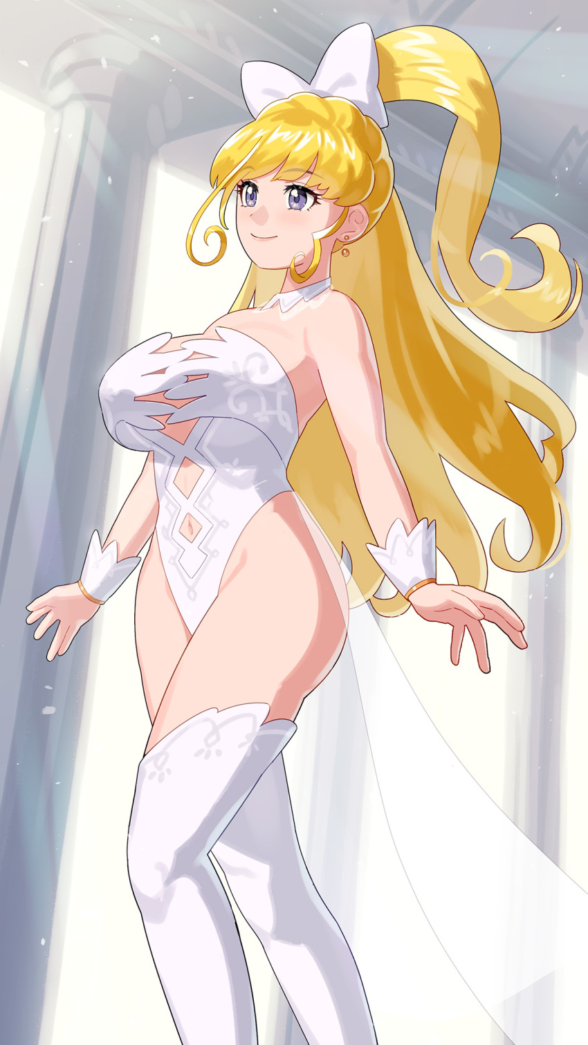 1girl aged_up arms_at_sides asahina_mirai blonde_hair breasts choker clothing_cutout day earrings female_focus hair_ribbon high_ponytail highres jewelry large_breasts leotard long_hair mahou_girls_precure! navel navel_cutout pillar ponytail precure purple_eyes ribbon showgirl_skirt sidelocks smile solo standing thighhighs walking white_choker white_leotard white_ribbon white_thighhighs wrist_cuffs yagi2013