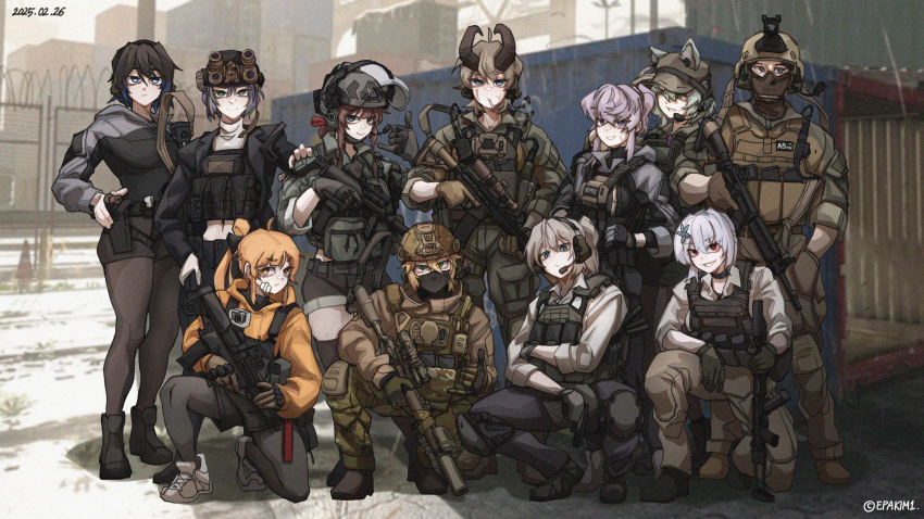 1boy 6+girls absurdres action_camera ahoge ammunition_pouch animal_ears artist_name assault_rifle avee_(silent_kookaburra) bags_under_eyes baseball_cap black_gloves black_hair black_jacket black_pants black_shirt black_skirt black_thighhighs blonde_hair blue_eyes blue_hair boots borrowed_character br18 breasts brown_gloves brown_hair brown_jacket brown_pants brown_shirt bulletproof_vest camouflage camouflage_pants cat_ears cellphone cigarette collar combat_helmet dated ear_protection epakim film_grain flower glock gloves goggles green_eyes green_gloves green_hair green_jacket green_pants green_skirt grey_jacket gun h&amp;k_mp5 h&amp;k_mp7 hair_between_eyes hair_flower hair_ornament hand_in_pocket hand_on_another&#039;s_shoulder hand_up handgun hat helmet highres holding holding_gun holding_weapon holster jacket knee_pads lamia_(epakim) large_breasts laser_sight load_bearing_vest long_hair long_sleeves looking_at_viewer looking_to_the_side m4_carbine mask microphone midriff military multicolored_hair multicolored_jacket multiple_girls nana_(xerbatt) navel night_vision_device on_one_knee optical_sight orange_eyes orange_hair orange_jacket original outdoors pants pantyhose phone ponytail pouch purple_eyes purple_hair red_eyes red_ribbon ribbon rifle scar scar_across_eye scar_on_face shirt shoes short_shorts shorts skirt sleeves_rolled_up slit_pupils smartphone smile smoke smoke_trail smoking sonya_(paperboathat) squatting streaked_hair submachine_gun suppressor termichan_(not-a-bot) thighhighs trigger_discipline turtleneck two-tone_jacket video_camera visor_(armor) weapon white_hair white_shirt
