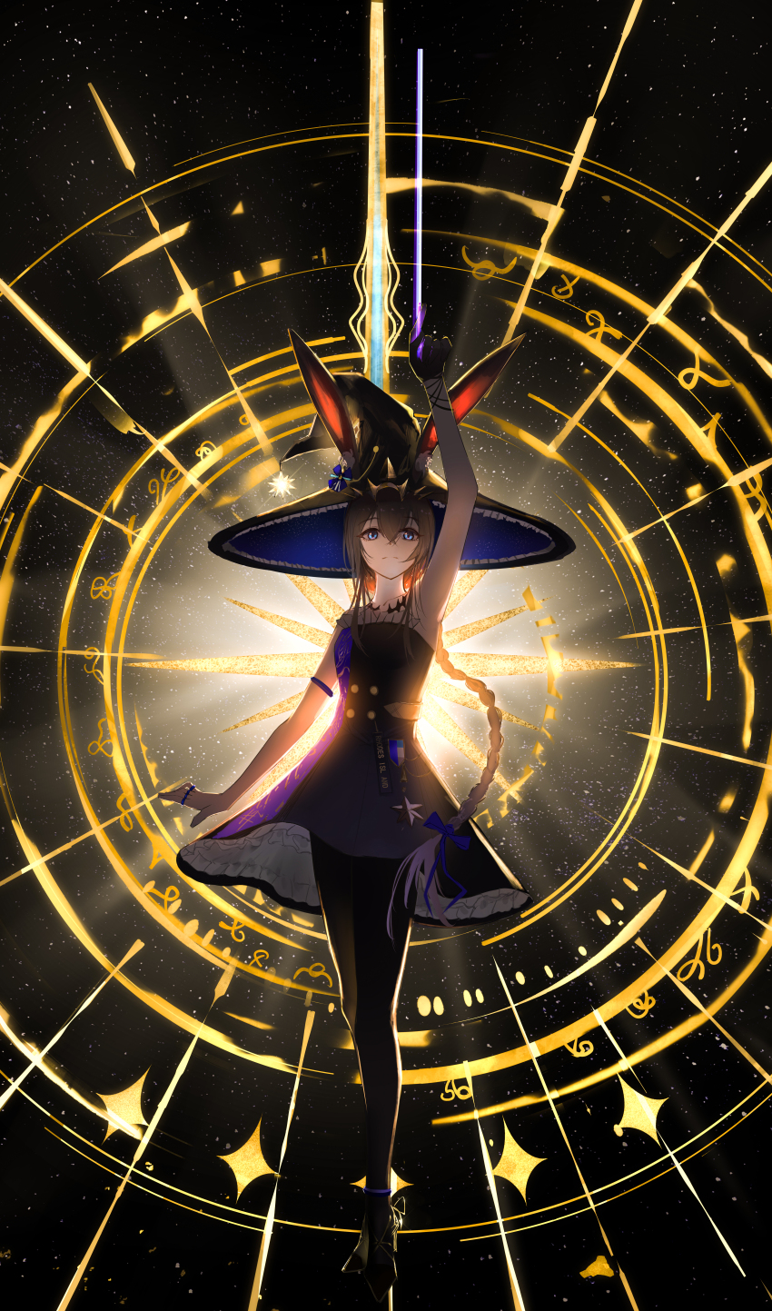 1girl absurdres ambience_synesthesia amiya_(arknights) amiya_(medic)_(arknights) amiya_(medic)_(solo_around_the_world)_(arknights) animal_ears anklet arknights arm_up armlet armpits aura bare_shoulders black_dress black_gloves black_hat black_pantyhose black_shoes blue_bow blue_eyes blue_hat bow braid brown_hair closed_mouth commentary crossed_bangs dress ears_through_headwear floating frilled_hat frills full_body gloves hair_between_eyes hair_bow hat highres holding jewelry lan_wu_1690000 long_hair magic official_alternate_costume outstretched_arm pantyhose ring shoes single_glove solo space split_mouth star_(sky) symbol-only_commentary two-sided_fabric two-sided_headwear witch_hat
