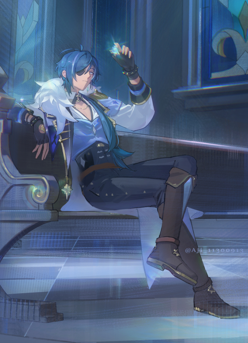 1boy aji_11300913 antenna_hair arm_up black_gloves black_pants blue_eyes blue_hair cathedral church closed_mouth commentary_request crossed_legs cryo_symbol_(genshin_impact) dark-skinned_male dark_skin eyepatch fingerless_gloves fur_scarf genshin_impact gloves highres kaeya_(genshin_impact) male_focus multicolored_shirt one_eye_covered pants pew sitting solo stained_glass vision_(genshin_impact)