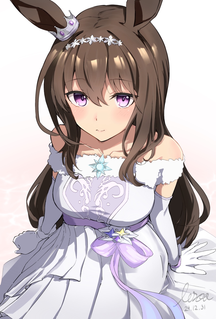1girl absurdres admire_vega_(glacialis_vega)_(umamusume) admire_vega_(umamusume) animal_ears bare_shoulders breasts brown_hair commentary dated dress gloves hair_between_eyes highres horse_ears horse_girl lesoa long_hair looking_at_viewer medium_breasts off-shoulder_dress off_shoulder official_alternate_costume purple_eyes signature solo umamusume white_dress white_gloves