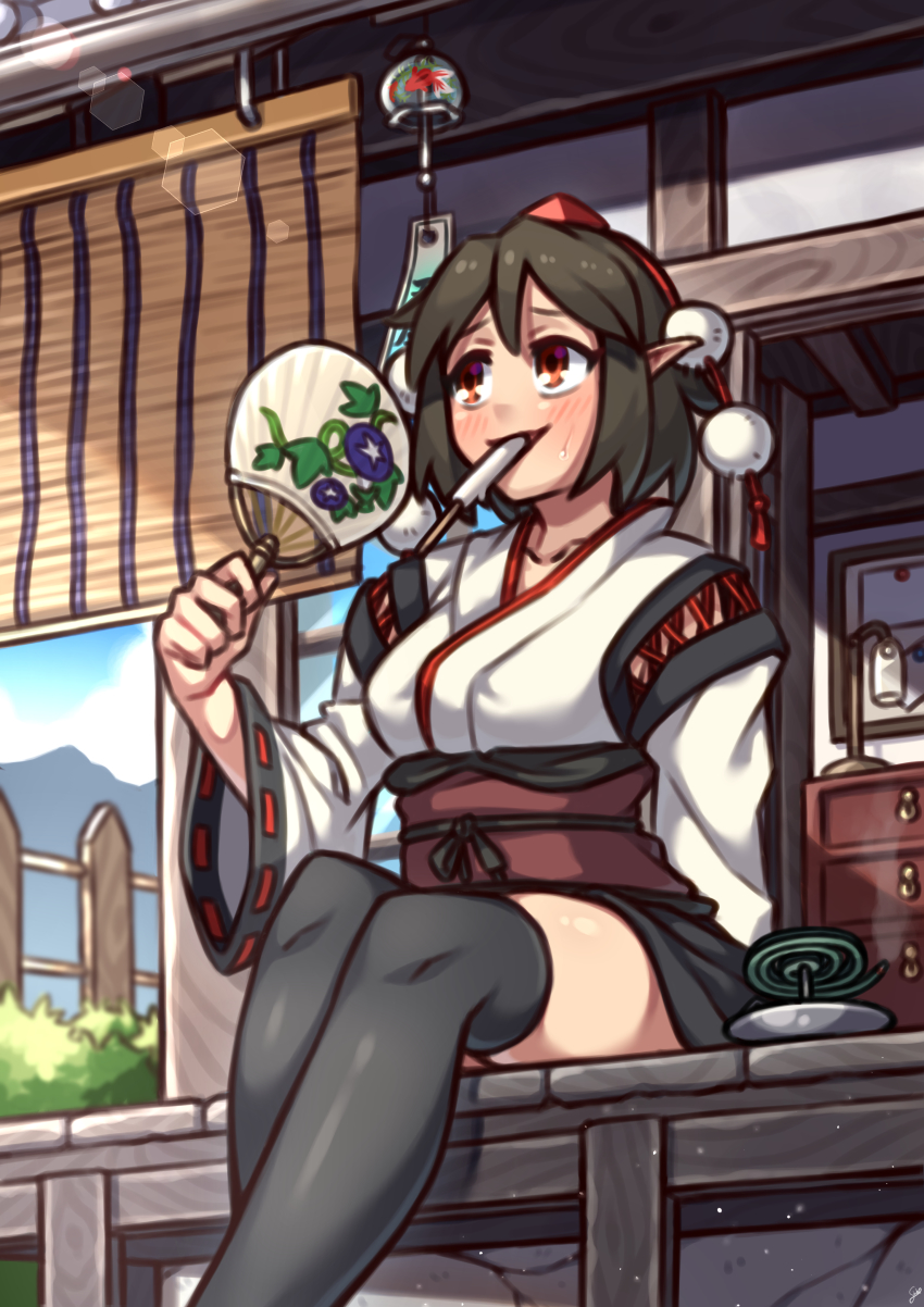 1girl absurdres black_thighhighs blush breasts collarbone fence food hair_between_eyes hand_fan hat highres holding holding_fan in_mouth kourindou_tengu_costume long_sleeves looking_to_the_side medium_breasts mosquito_coil nikuatsu_magician_shinbo obi pointy_ears pom_pom_(clothes) popsicle red_eyes ribbon-trimmed_sleeves ribbon_trim sash shameimaru_aya short_hair sitting solo sweatdrop thighhighs tokin_hat touhou veranda wide_sleeves wind_chime