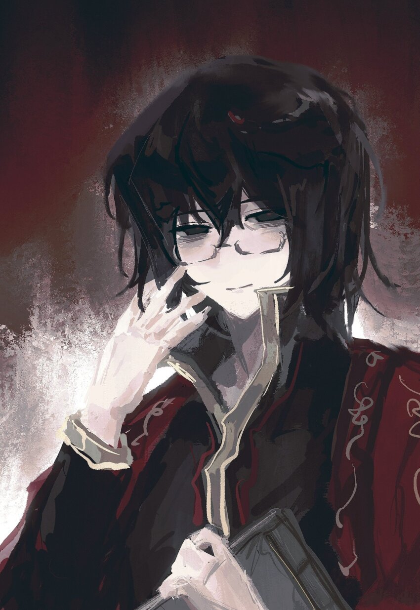 1boy black_eyes black_hair black_hanfu book chinese_clothes coat coat_on_shoulders family_hierarch_candidate_(identity)_(project_moon) glasses hanfu highres holding holding_book limbus_company looking_at_viewer male_focus medium_hair project_moon red_background red_coat s1nnis1 simple_background solo upper_body yi_sang_(project_moon)