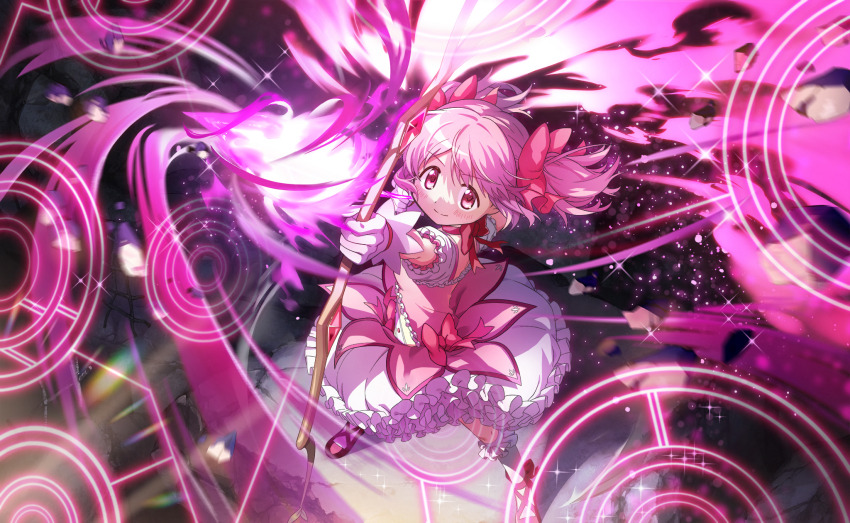 1girl arrow_(projectile) artist_request bow bow_(weapon) bow_choker bubble_skirt buttons center_frills choker closed_mouth cross-laced_shoes dot_nose drawing_bow dress energy_arrow fire firing floating_clothes floating_hair footwear_bow frilled_skirt frilled_sleeves frilled_socks frills full_body game_cg gloves hair_bow happy high_heels highres holding holding_arrow holding_bow_(weapon) holding_weapon kaname_madoka kaname_madoka_(magical_girl) kneehighs legs_apart light_blush light_particles magic_circle magical_girl mahou_shoujo_madoka_magica mahou_shoujo_madoka_magica_magia_exedra miniskirt official_art petals petticoat pink_bow pink_dress pink_eyes pink_fire pink_hair puffy_short_sleeves puffy_sleeves pumps red_bow red_choker red_shoes shoes short_dress short_hair short_sleeves short_twintails skirt skirt_under_dress smile socks solo space sparkle square_neckline standing tareme twintails waist_bow weapon white_gloves white_skirt white_sleeves white_socks